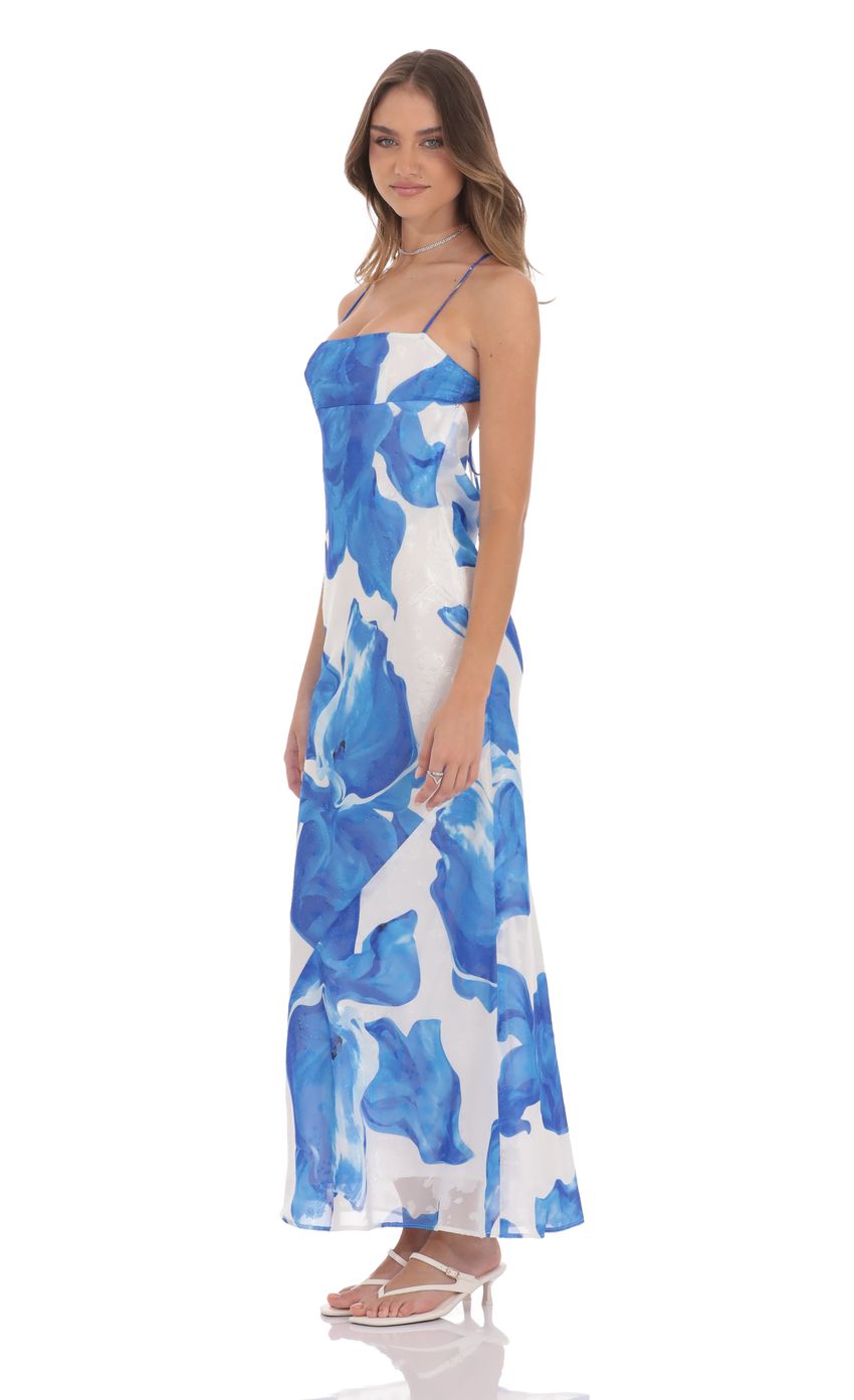 Lucy In The Sky Floral Open Back Maxi Dress in White & Blue