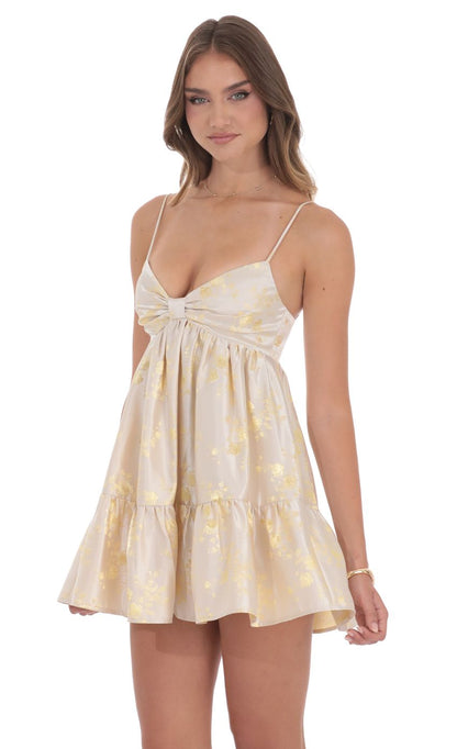 Lucy In The Sky Foiled Bow Babydoll Dress in Champagne