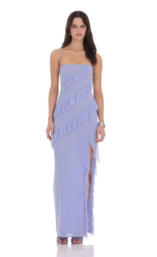 Lucy In The Sky Ruffle Mesh Square Neck Maxi Dress in Periwinkle