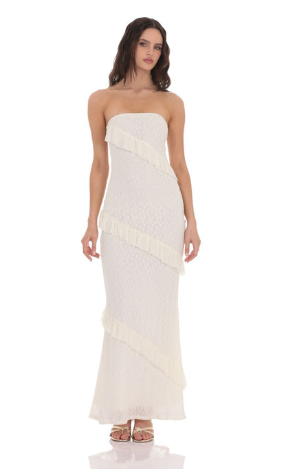 Lucy In The Sky Strapless Lace Ruffle Maxi Dress in Ivory