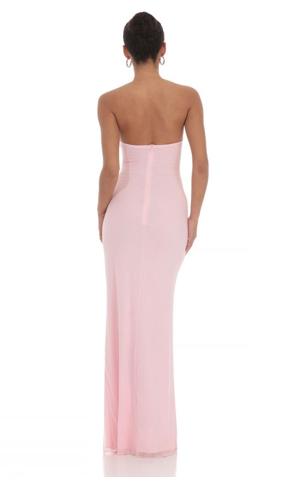 Lucy In The Sky Mesh Cutout Ruffle Maxi Dress in Pink