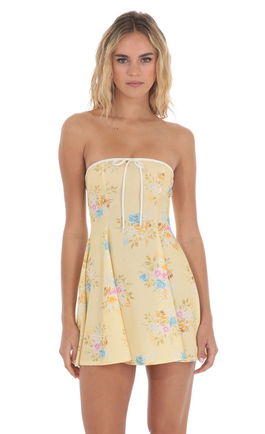 Lucy In The Sky White Trim Floral Fit and Flare Dress in Yellow