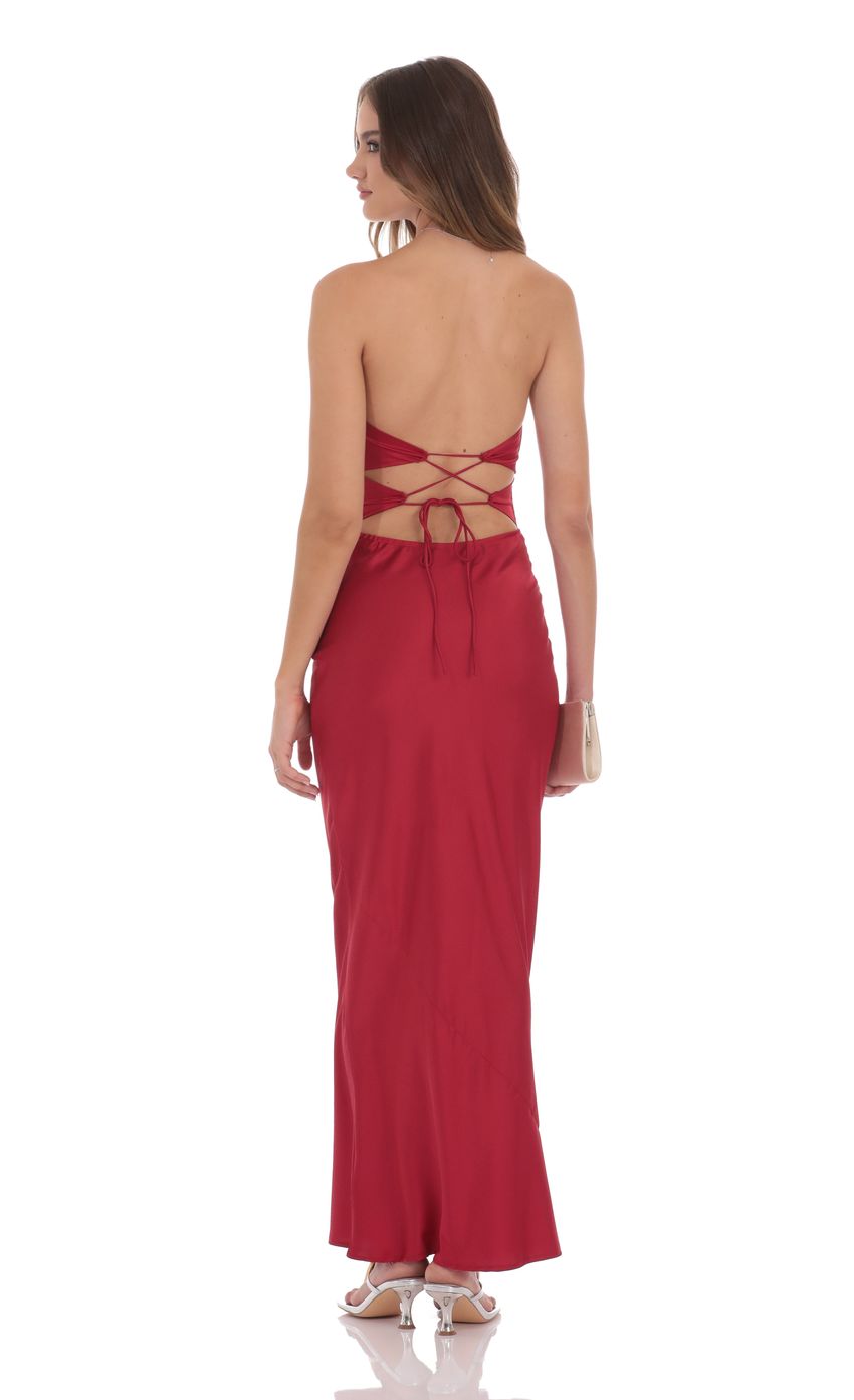 Lucy In The Sky Satin Twist Cutout Maxi Dress in Red