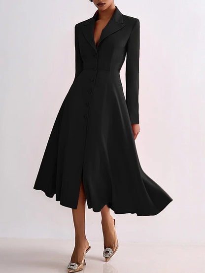 Ursime Formal Peak Lapel Button Up Long Sleeve Midi Dress