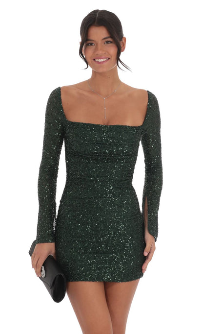 Lucy In The Sky Knit Sequin Long Sleeve Dress in Green