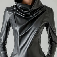 Ursime Cowl Neck Long Sleeve PU Leather Blouse