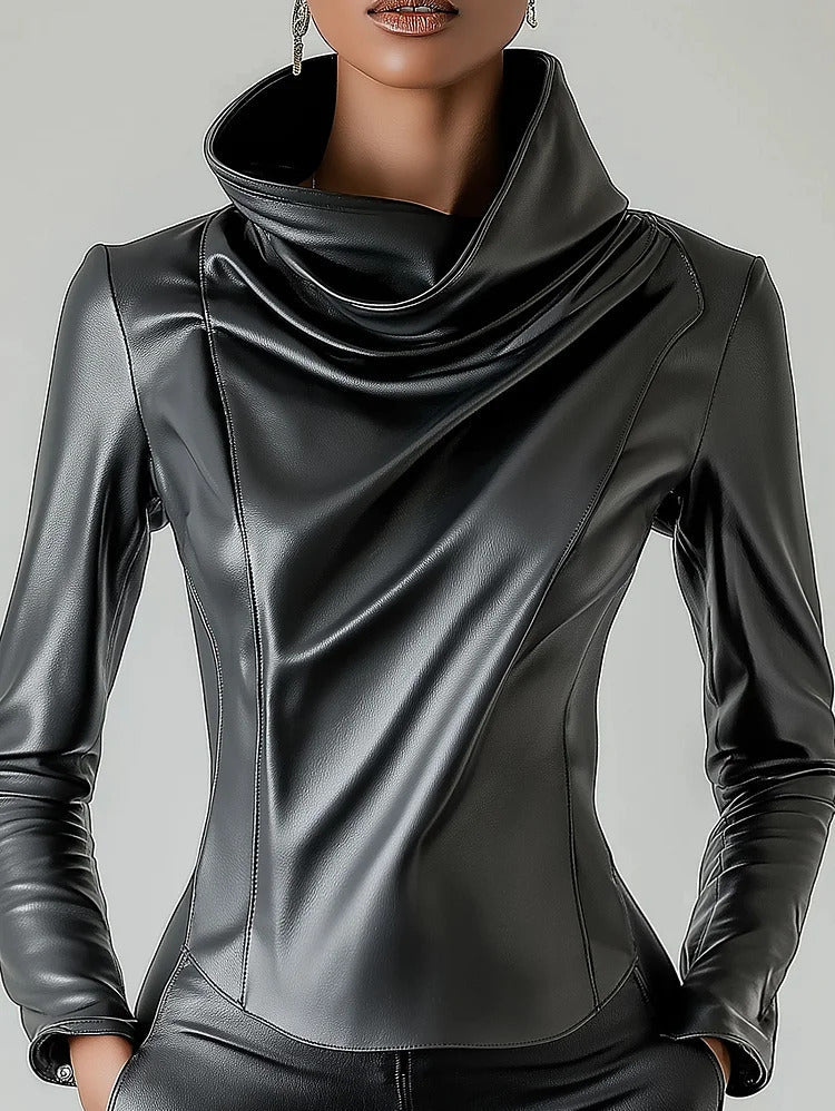 Ursime Cowl Neck Long Sleeve PU Leather Blouse