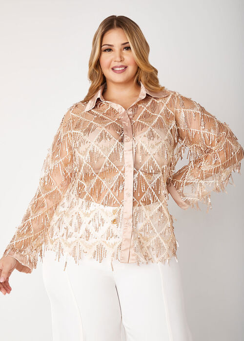 Ashley Stewart Fringed Sequin Mesh Shirt (x2)