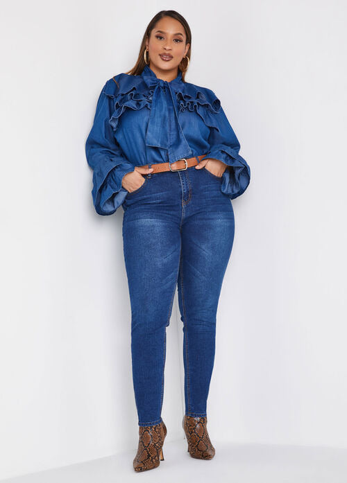 Ashley Stewart Ruffled Denim Shirt