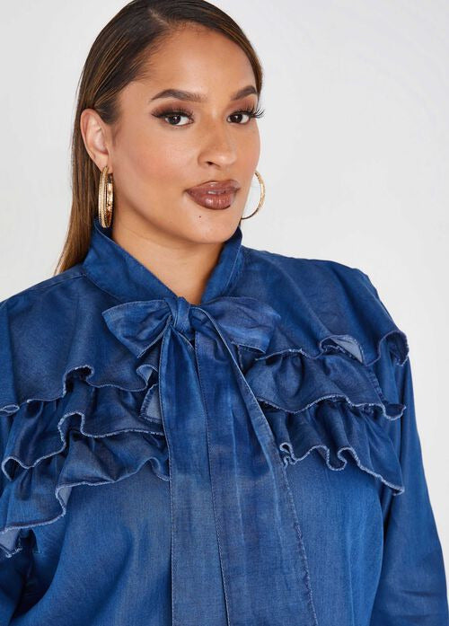 Ashley Stewart Ruffled Denim Shirt