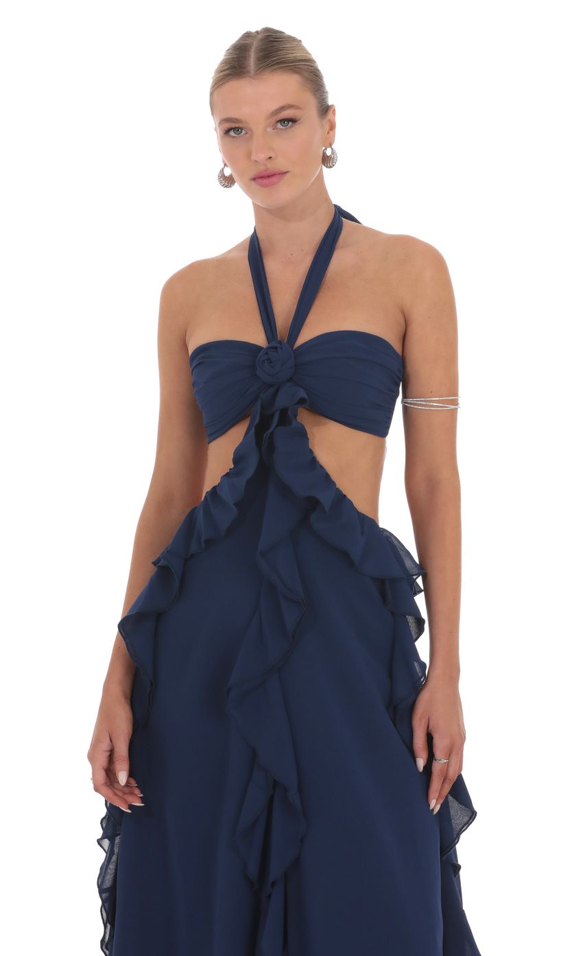 Lucy In The Sky Chiffon Cutout Ruffle Maxi Dress in Navy