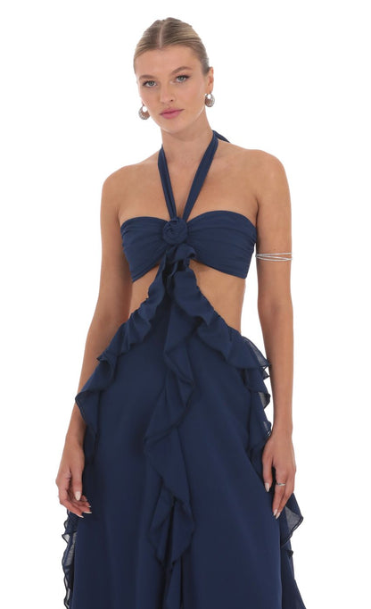 Lucy In The Sky Chiffon Cutout Ruffle Maxi Dress in Navy
