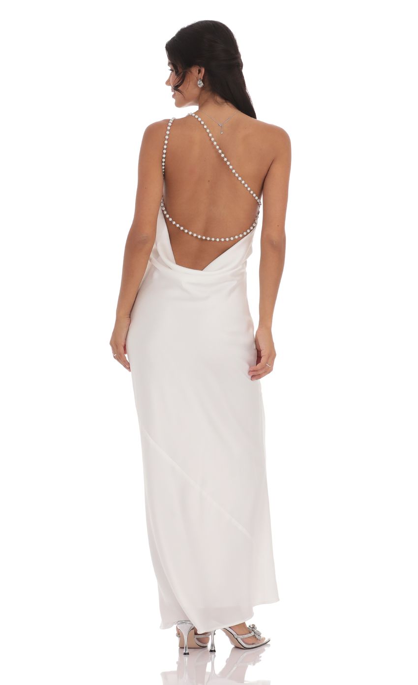 Lucy In The Sky One Shoulder Pearl Satin Maxi Dress in White