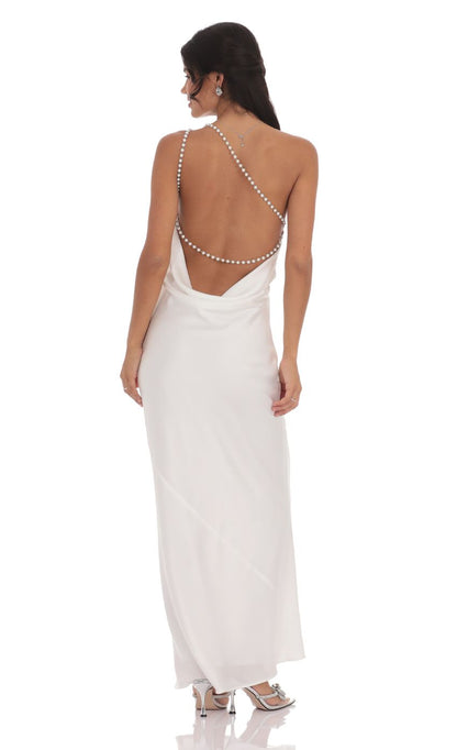 Lucy In The Sky One Shoulder Pearl Satin Maxi Dress in White