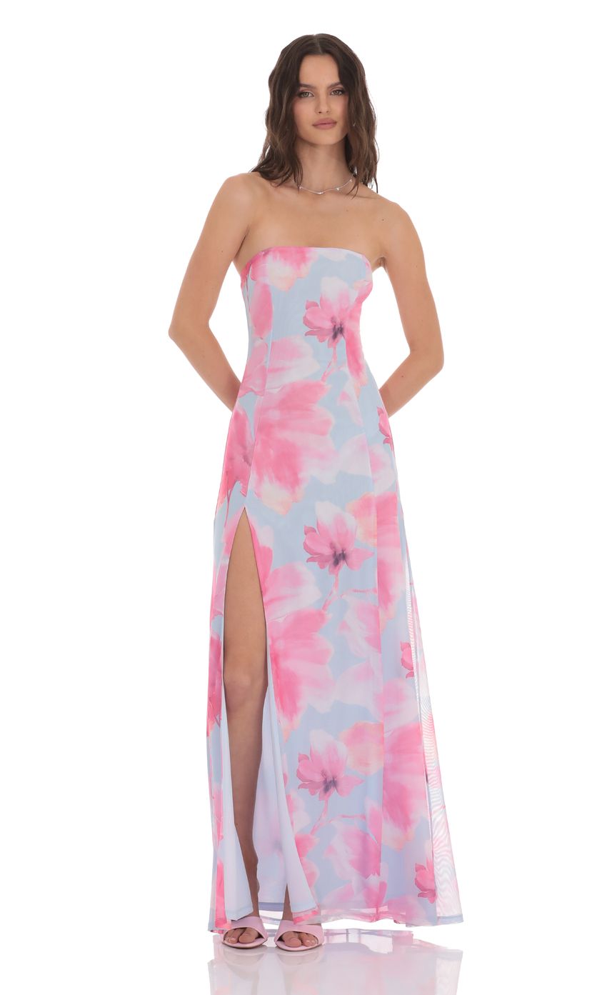 Lucy In The Sky Floral Mesh Strapless Dress in Light Blue
