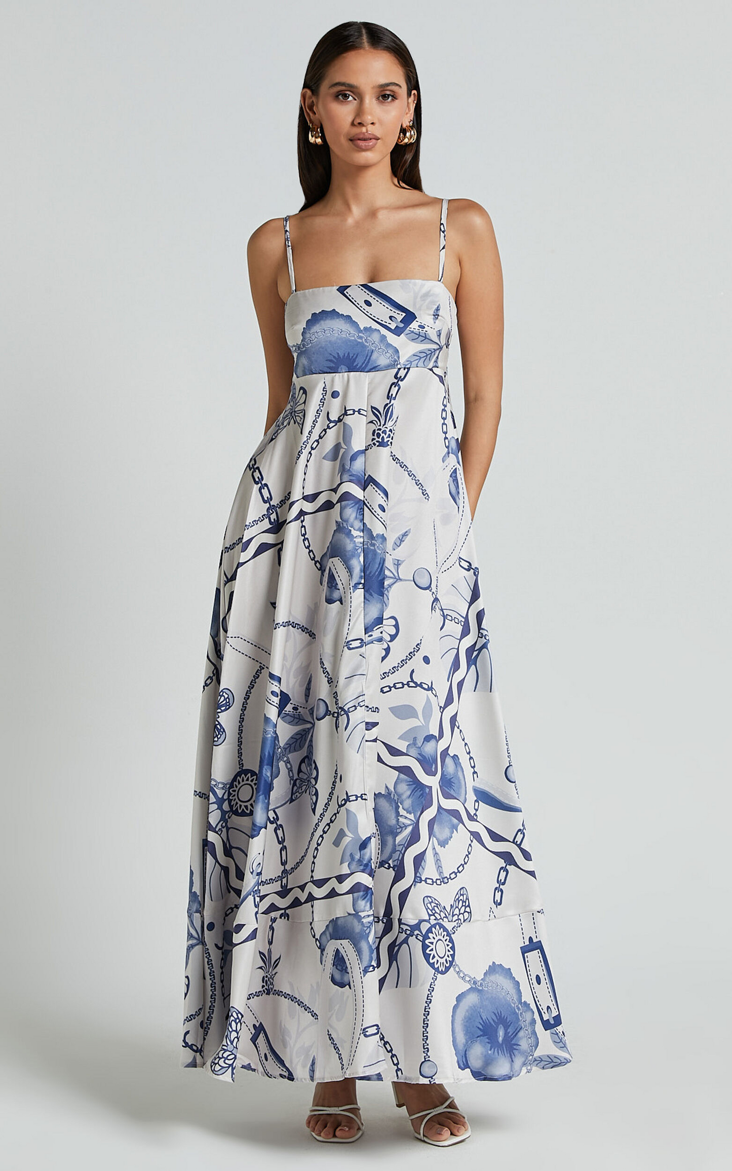 Showpo Yasmine Midi Dress - Straight Neck Sleeveless A Line Dress in Blue and White Porcelain Print