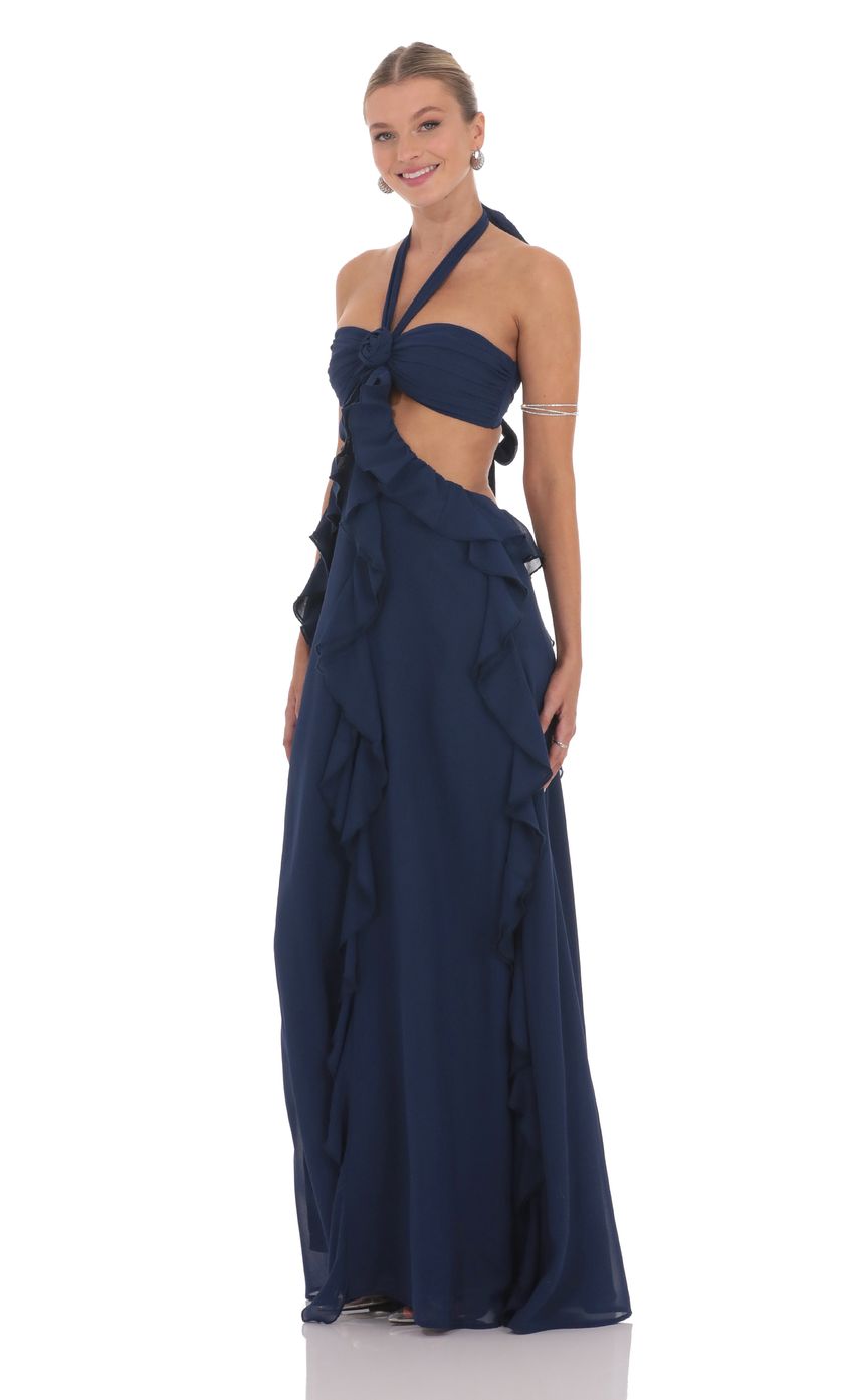 Lucy In The Sky Chiffon Cutout Ruffle Maxi Dress in Navy