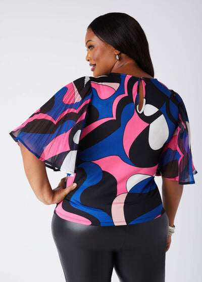 Ashley Stewart Pleated Paneled Abstract Print Top (x2)