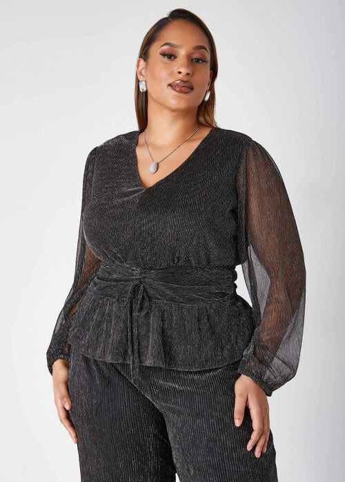 Ashley Stewart Lurex Mesh Drawstring Top