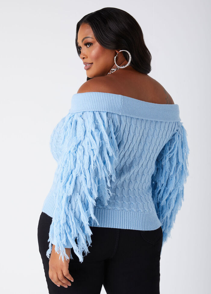 Ashley Stewart Off The Shoulder Fringed Sweater