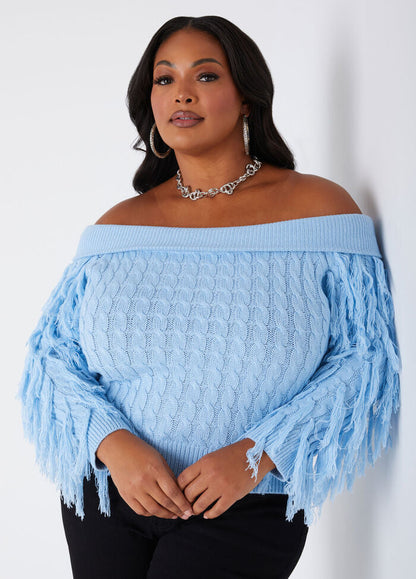 Ashley Stewart Off The Shoulder Fringed Sweater