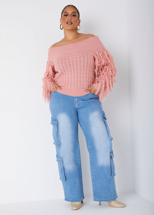 Ashley Stewart Off The Shoulder Fringed Sweater