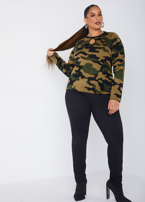 Ashley Stewart Camo Keyhole Sweater