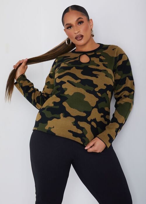 Ashley Stewart Camo Keyhole Sweater