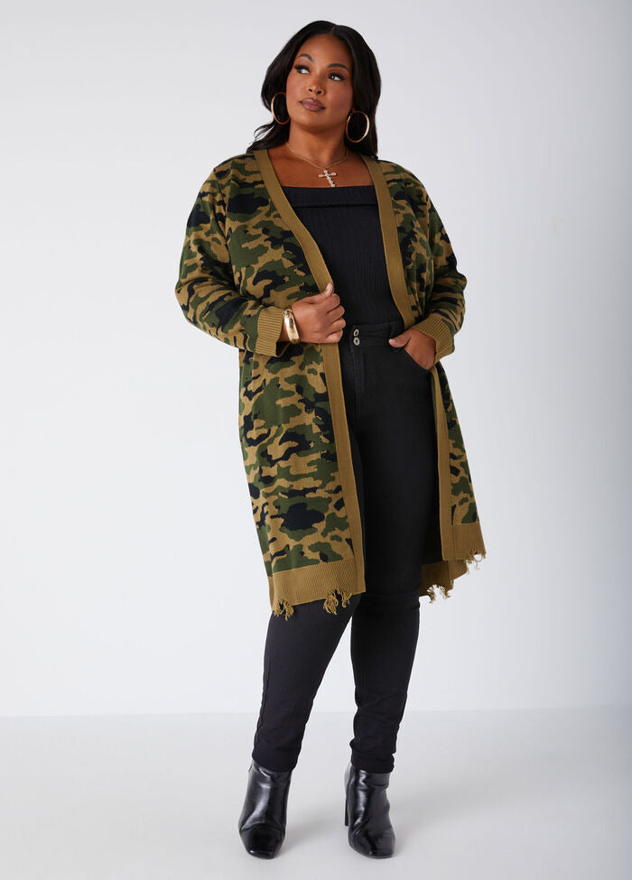 Ashley Stewart Camo Open Front Cardigan