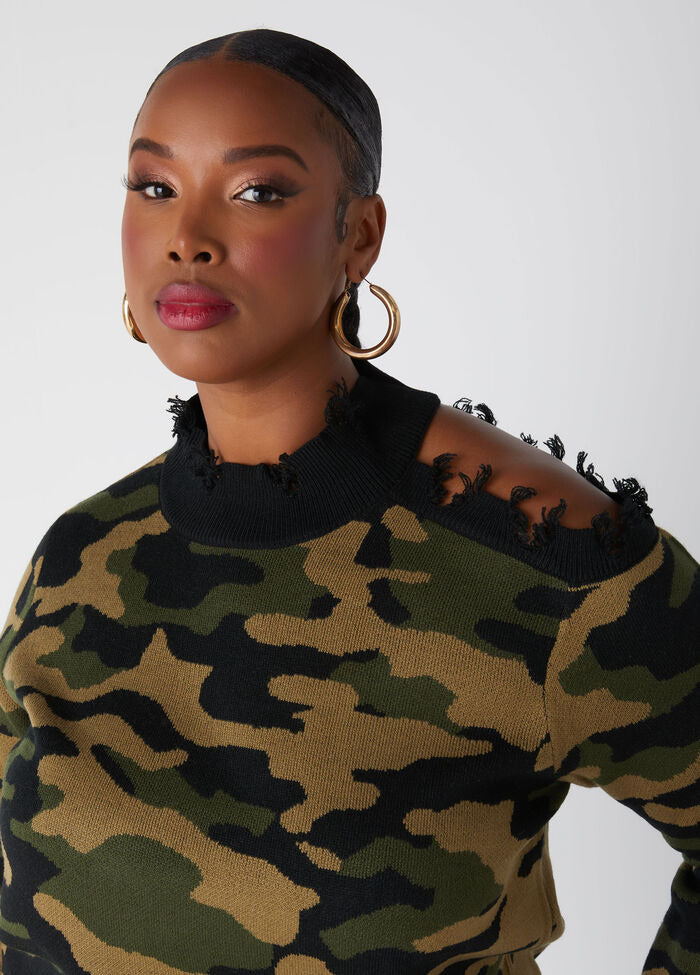 Ashley Stewart Distressed Cutout Camo Sweater (x2)