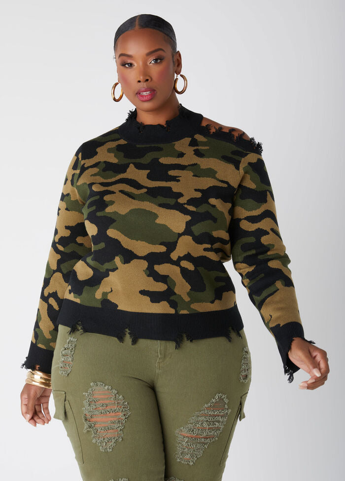 Ashley Stewart Distressed Cutout Camo Sweater (x2)