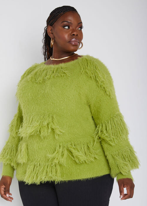 Ashley Stewart Fringed Boat Neck Sweater