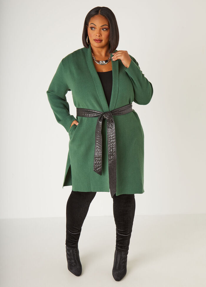 Ashley Stewart Faux Leather Trimmed Duster