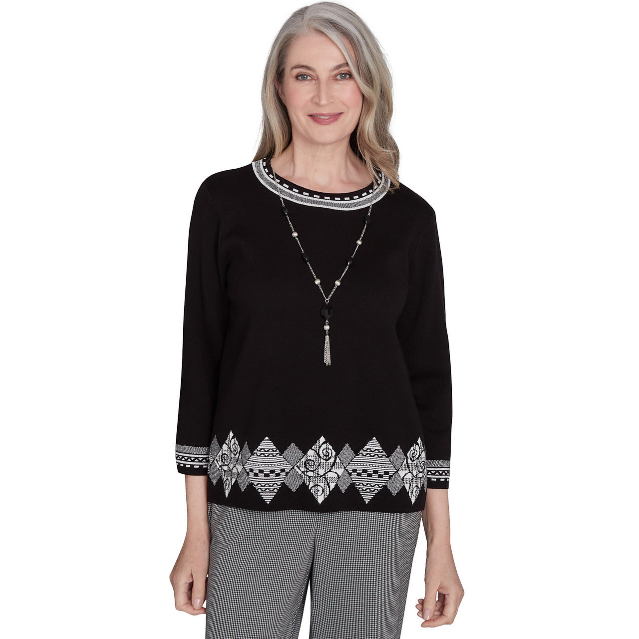 Alfred Dunner Women's Diamond Border Sweater with Necklace