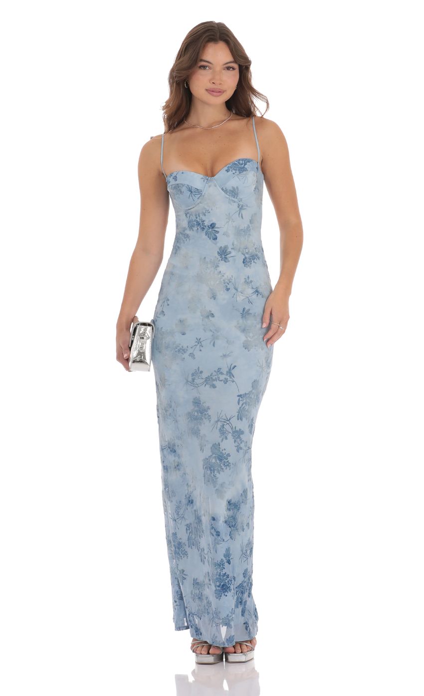 Lucy In The Sky Velvet Floral Maxi Dress in Blue