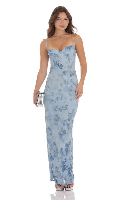 Lucy In The Sky Velvet Floral Maxi Dress in Blue