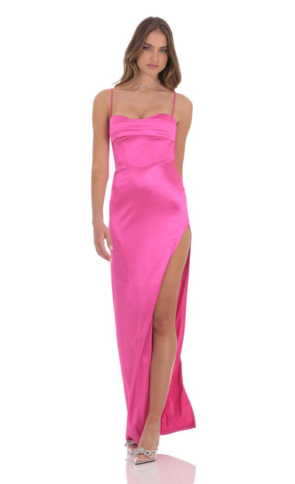 Lucy In The Sky Satin Corset Maxi Dress in Hot Pink
