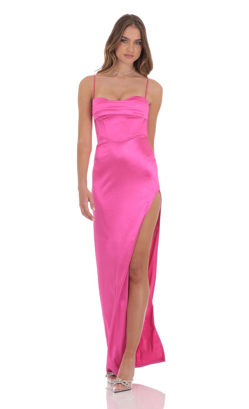 Lucy In The Sky Satin Corset Maxi Dress in Hot Pink