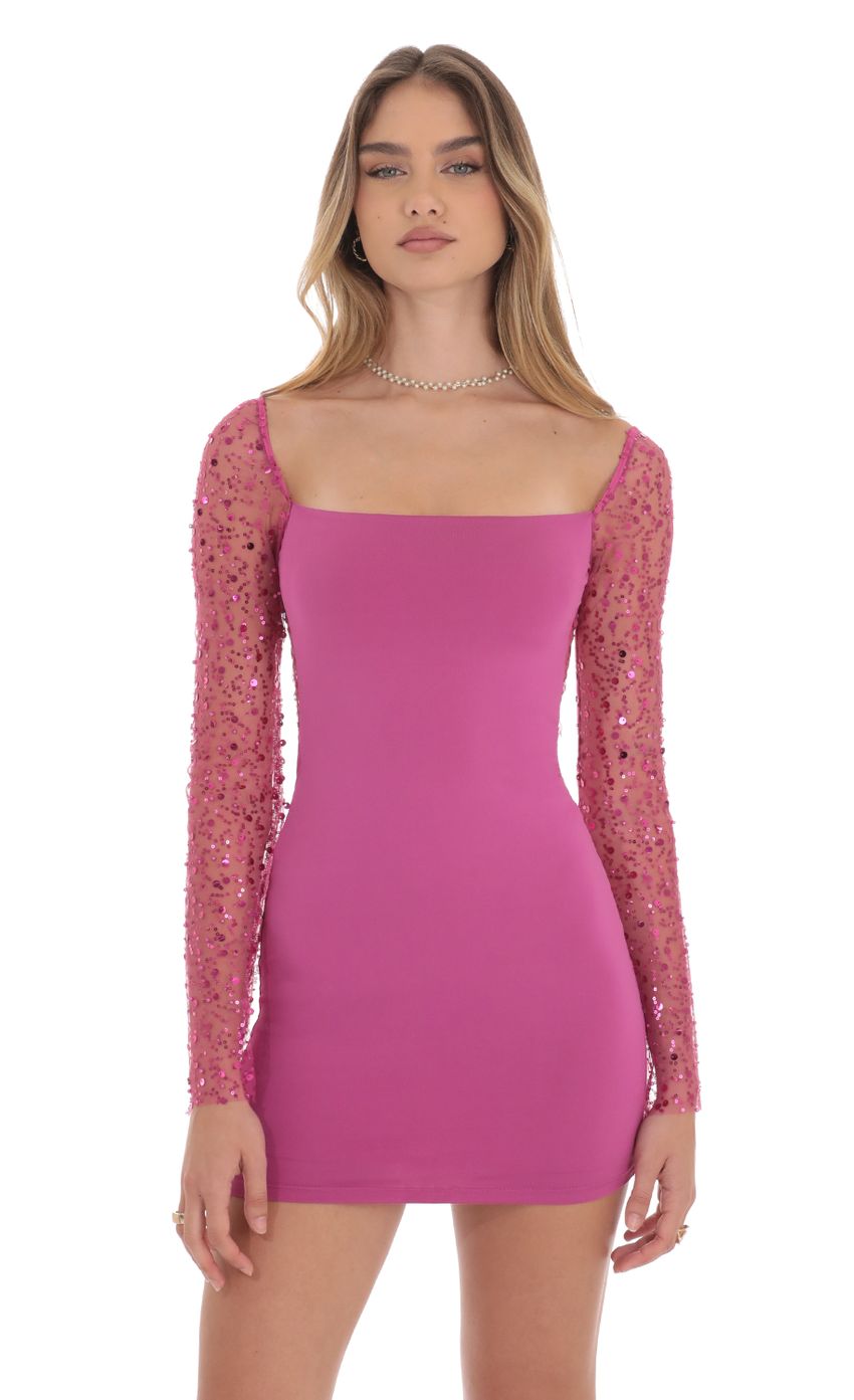 Lucy In The Sky Sequin Long Sleeve Dress in Magenta x2