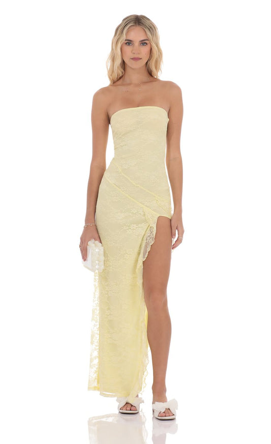 Lucy in the Sky Lace Ruffle Slit Maxi Dress in Yellow