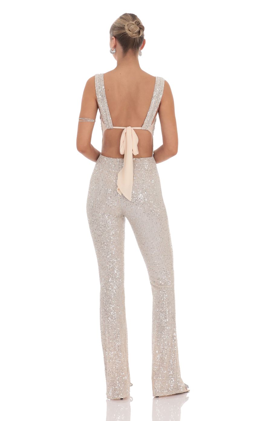 Lucy In The Sky Sequin Back Tie Jumpsuit in Champagne