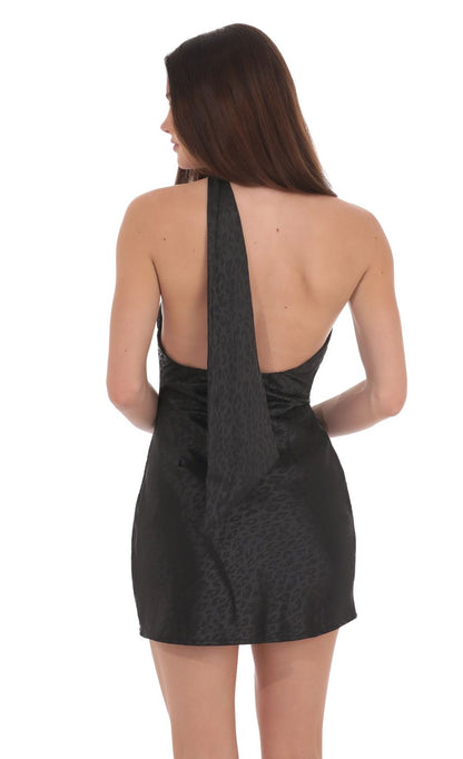 Lucy In The Sky Leopard Jacquard Scarf Halter Dress in Black