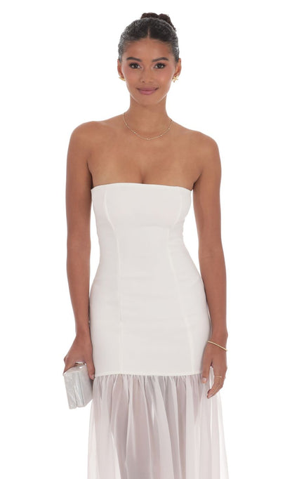 Lucy In The Sky Strapless Chiffon Drop Skirt Maxi Dress in White