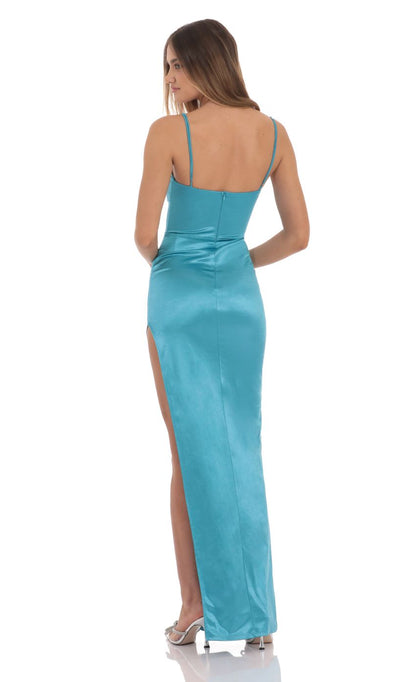 Lucy In The Sky Satin Corset Maxi Dress in Blue