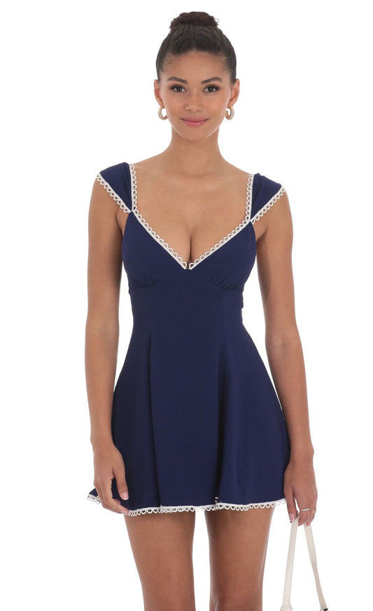 Lucy In The Sky Embroidered Trim Cap Sleeve Dress in Navy