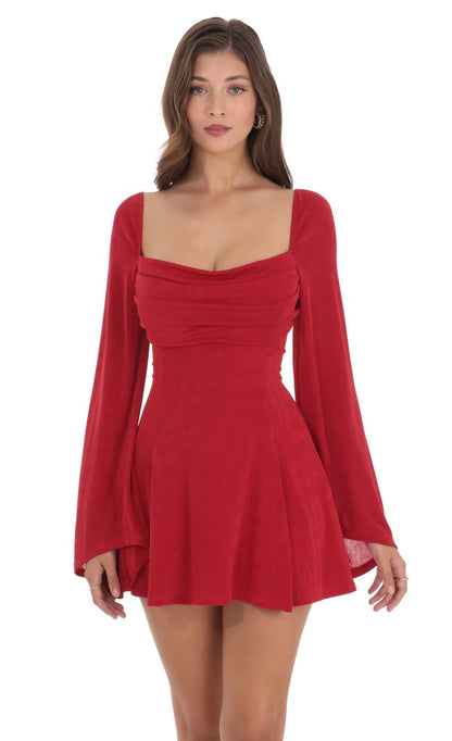 Lucy In The Sky Slinky Flare Sleeve Dress in Red