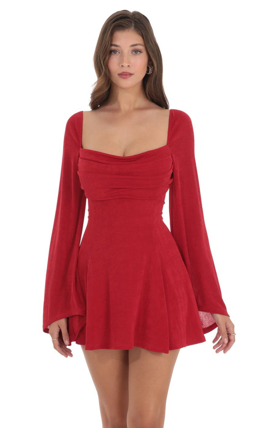 Lucy In The Sky Slinky Flare Sleeve Dress in Red