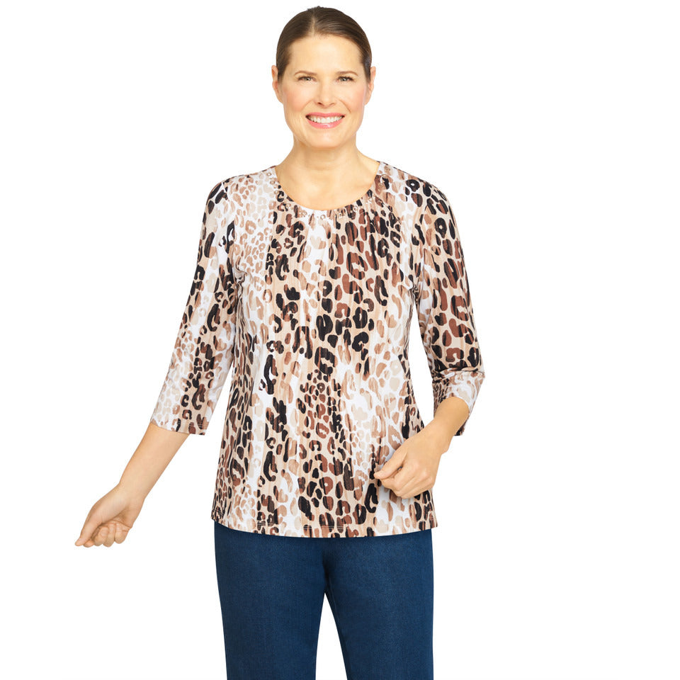 Alfred Dunner Women's Animal Print Embellished Neck Top