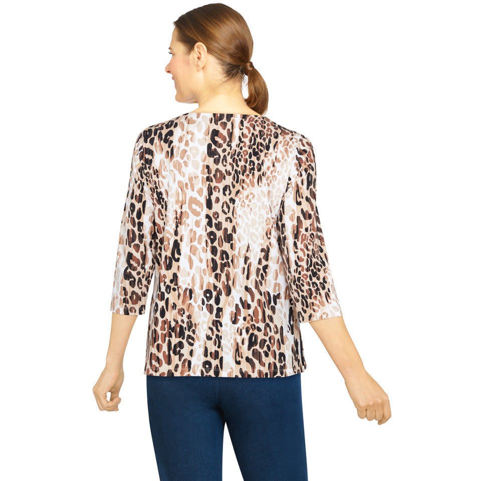 Alfred Dunner Women's Animal Print Embellished Neck Top