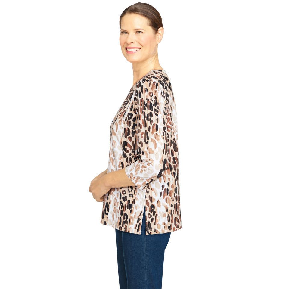 Alfred Dunner Women's Animal Print Embellished Neck Top